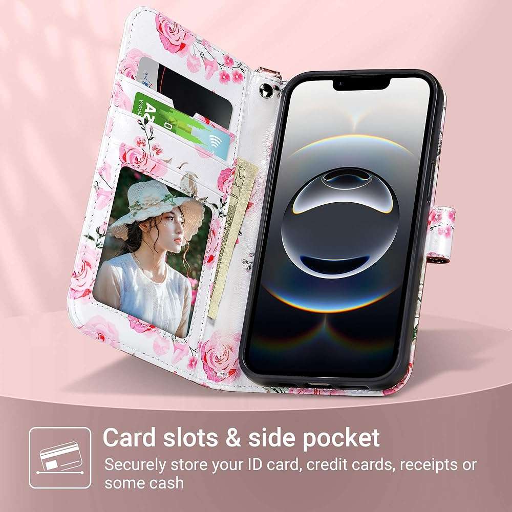 ULAK Compatible with iPhone 16E Wallet Case/iPhone 17E Wallet Case with Card Holder, PU Leather Case with Kickstand Card Slots Wrist Strap, Durable Shockproof Protective Cover 6.1 inch, Rose Gold - Image 4