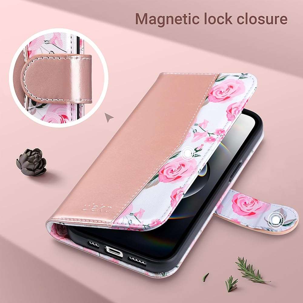 ULAK Compatible with iPhone 16E Wallet Case/iPhone 17E Wallet Case with Card Holder, PU Leather Case with Kickstand Card Slots Wrist Strap, Durable Shockproof Protective Cover 6.1 inch, Rose Gold - Image 5