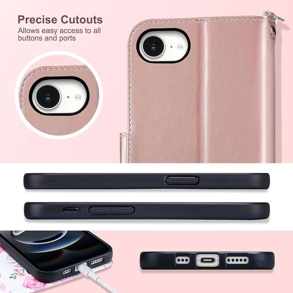 ULAK Compatible with iPhone 16E Wallet Case/iPhone 17E Wallet Case with Card Holder, PU Leather Case with Kickstand Card Slots Wrist Strap, Durable Shockproof Protective Cover 6.1 inch, Rose Gold - Image 8