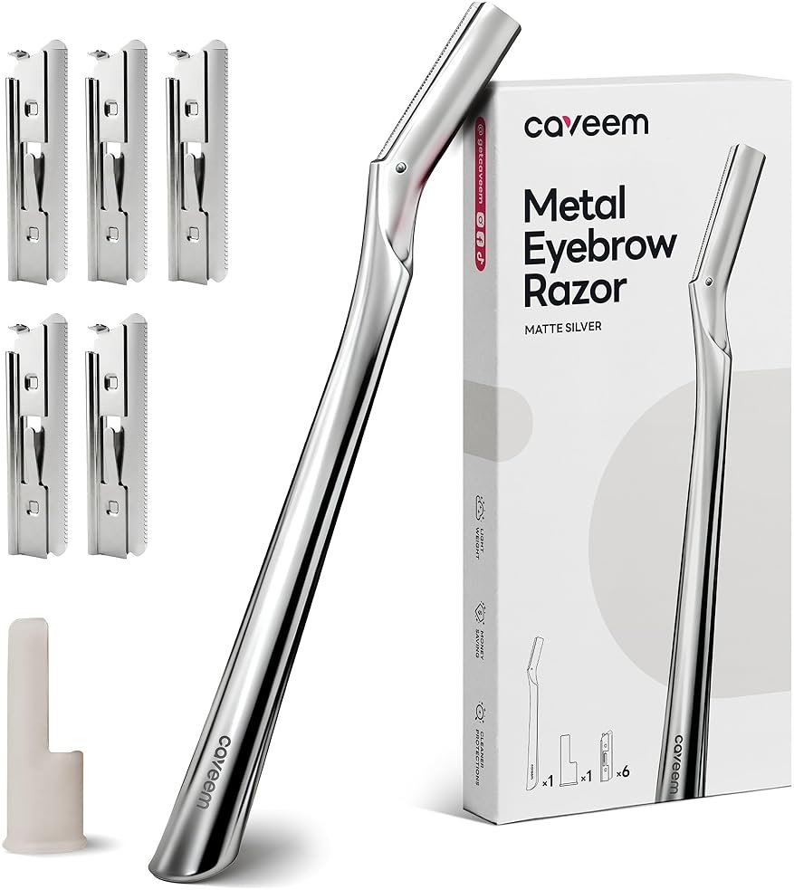 CAVEEM Eyebrow Razor, Face Razors for Women & Men, Dermaplane Razor for Face Exfoliation, Peach Fuzz Removal with 6 Blades (Matte Silver) - Product Image