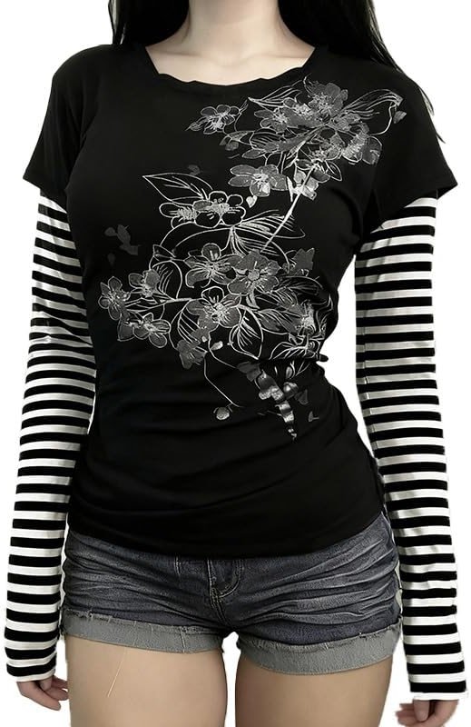 GOTHPICKUS Womens Y2K Stripe Vintage Graphic Sweatshirt 2000s Grunge Slim Fit Long Sleeve Tops Punk Retro Alt Pullovers - Product Image