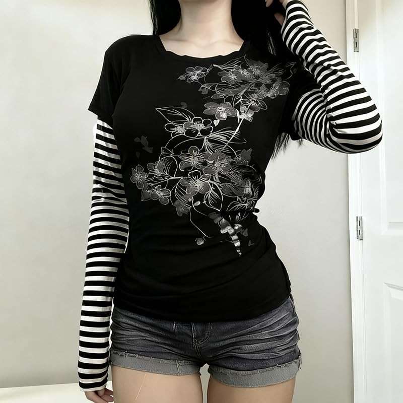 GOTHPICKUS Womens Y2K Stripe Vintage Graphic Sweatshirt 2000s Grunge Slim Fit Long Sleeve Tops Punk Retro Alt Pullovers - Image 2