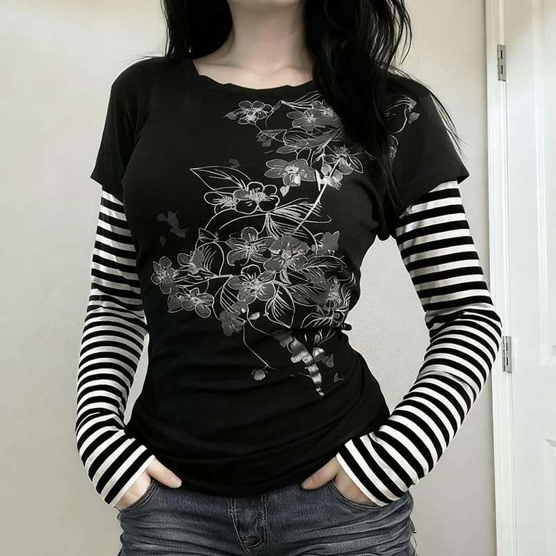 GOTHPICKUS Womens Y2K Stripe Vintage Graphic Sweatshirt 2000s Grunge Slim Fit Long Sleeve Tops Punk Retro Alt Pullovers - Image 3