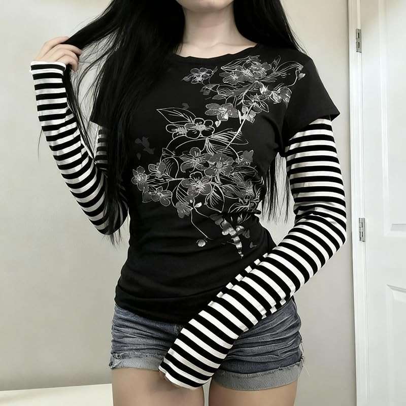 GOTHPICKUS Womens Y2K Stripe Vintage Graphic Sweatshirt 2000s Grunge Slim Fit Long Sleeve Tops Punk Retro Alt Pullovers - Image 4