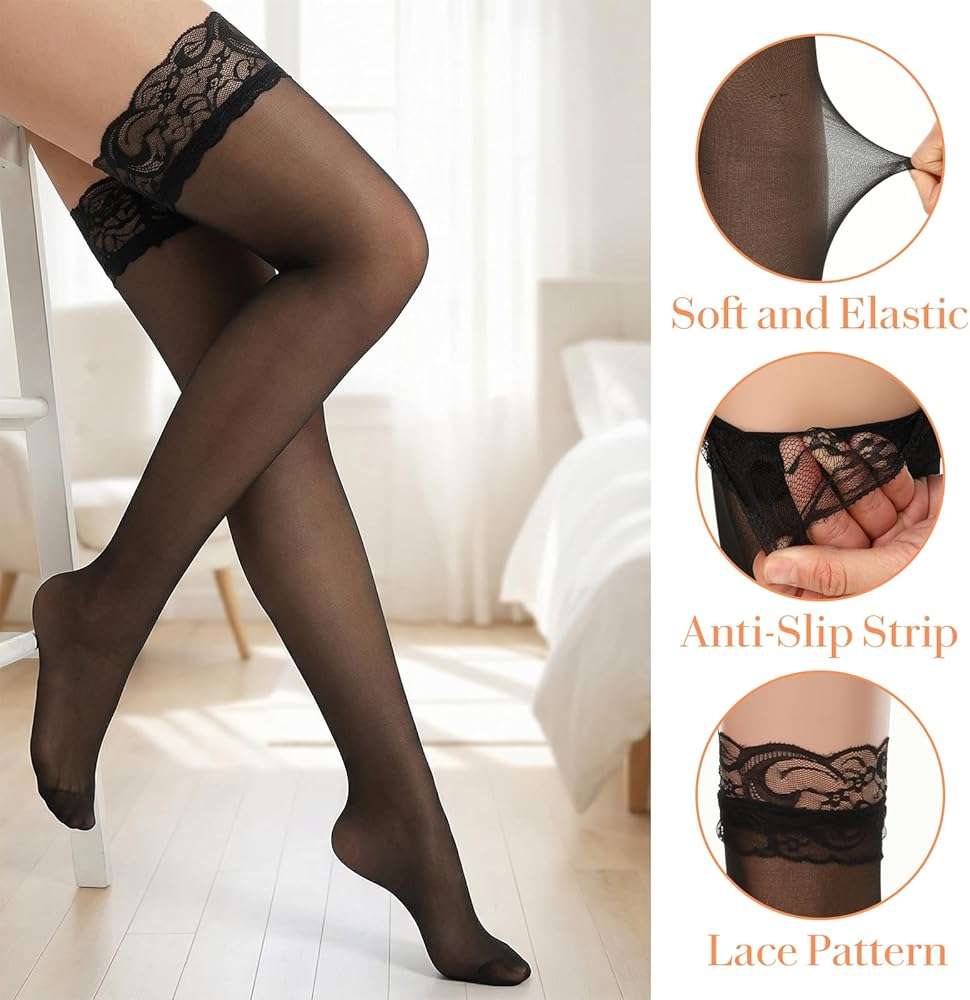 Psiriol Silky Sheer Pantyhose, Women's Thigh High Stockings, Anti-Slip Silicone Stocking, Silicone Lace Top, Thigh High Stockings for Women Hold Up Mesh - Image 2