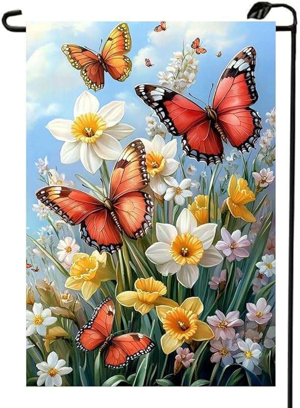 Spring Summer Garden Flag 12x18 Double Sided, Small Burlap Outdoor Butterfly Flowers Yard Lawn Porch Flags Spring Summer Decorations for Outside - Image 1