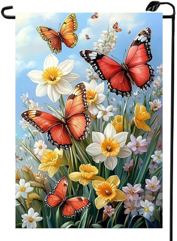Spring Summer Garden Flag 12x18 Double Sided, Small Burlap Outdoor Butterfly Flowers Yard Lawn Porch Flags Spring Summer Decorations for Outside - Product Image