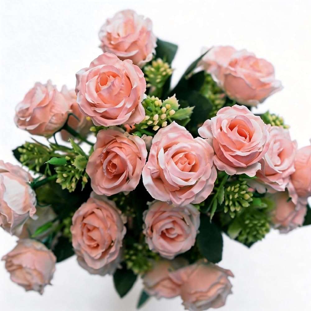 UniBeBri 10 Items Artificial Rose Flowers for Festival, Pink Flowers Faux Rose UV-Resistant, Fake Roses with Stems Realistic Flower for DIY Wedding Bouquets Garden Porch Winter Outdoor Decor(Pink) - Image 1