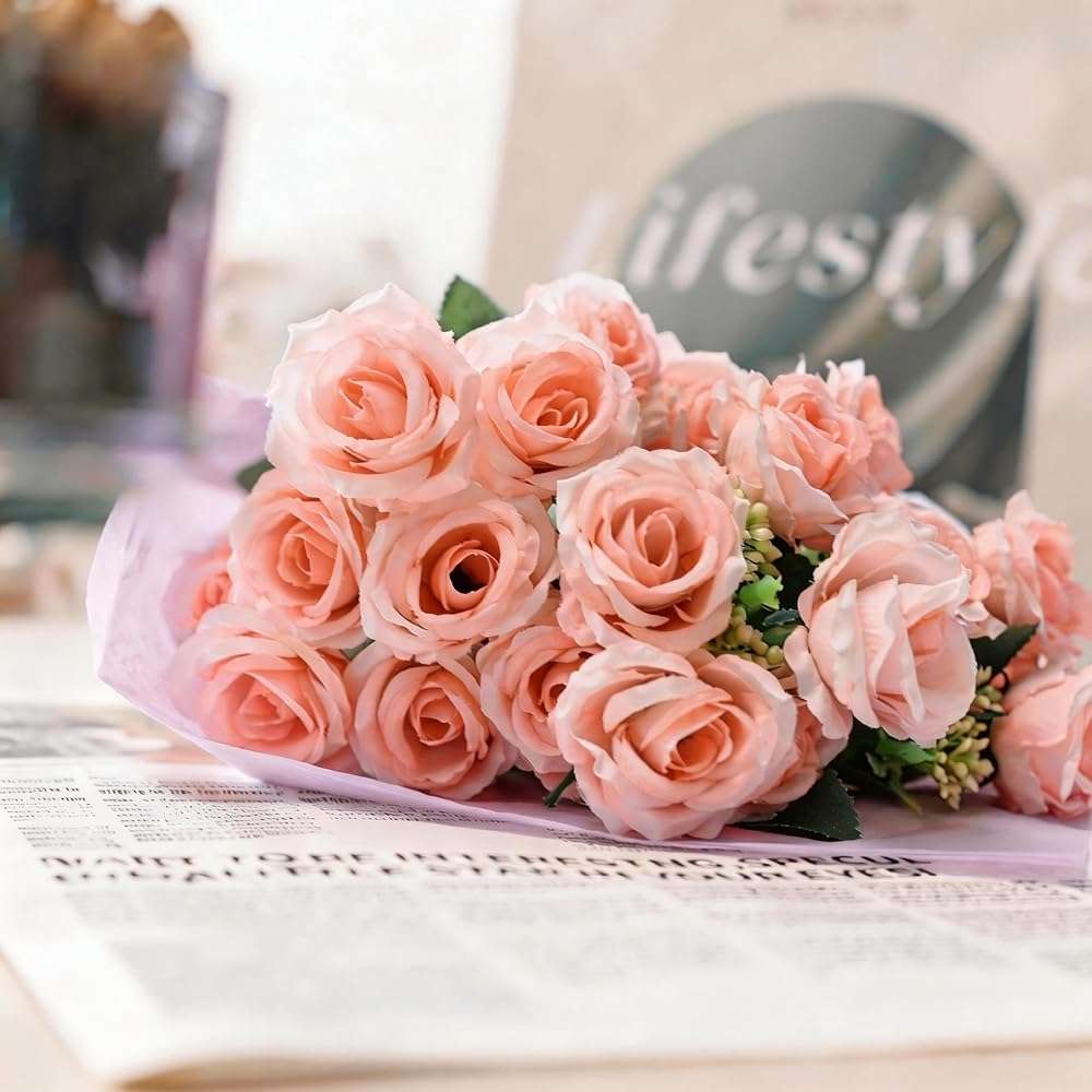 UniBeBri 10 Items Artificial Rose Flowers for Festival, Pink Flowers Faux Rose UV-Resistant, Fake Roses with Stems Realistic Flower for DIY Wedding Bouquets Garden Porch Winter Outdoor Decor(Pink) - Image 2