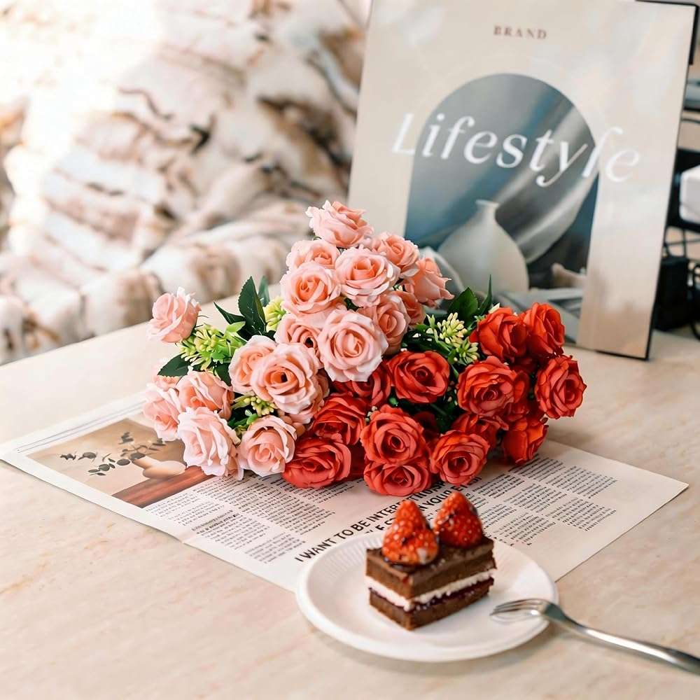 UniBeBri 10 Items Artificial Rose Flowers for Festival, Pink Flowers Faux Rose UV-Resistant, Fake Roses with Stems Realistic Flower for DIY Wedding Bouquets Garden Porch Winter Outdoor Decor(Pink) - Image 5