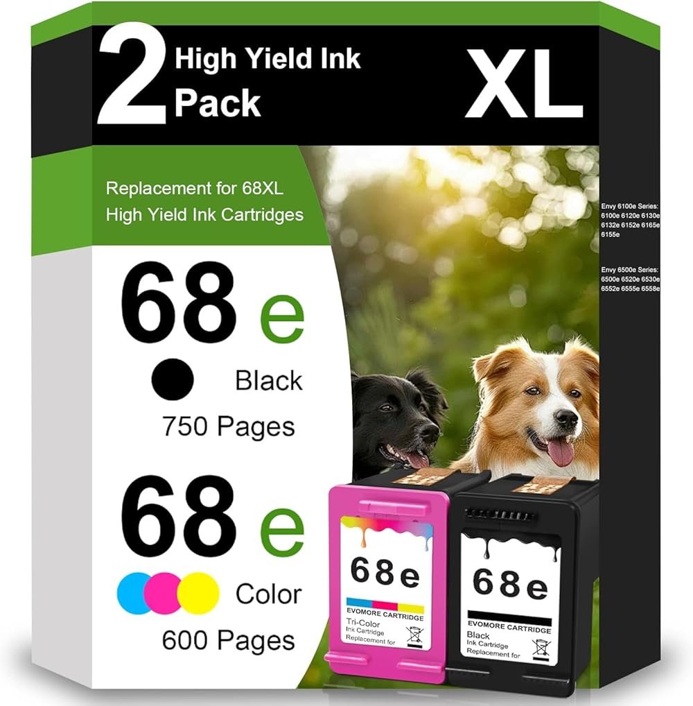 OULADUN 68e Black and Tri-Color Ink Cartridge Replacement for HP 68xl Ink cartridges for Replacement for Envy 6155e 6500e 6552e 6555e 6558e 6100e 6152e Printer 6520e 6530e 6165e 6110e 6120e(2-Packs) - Product Image