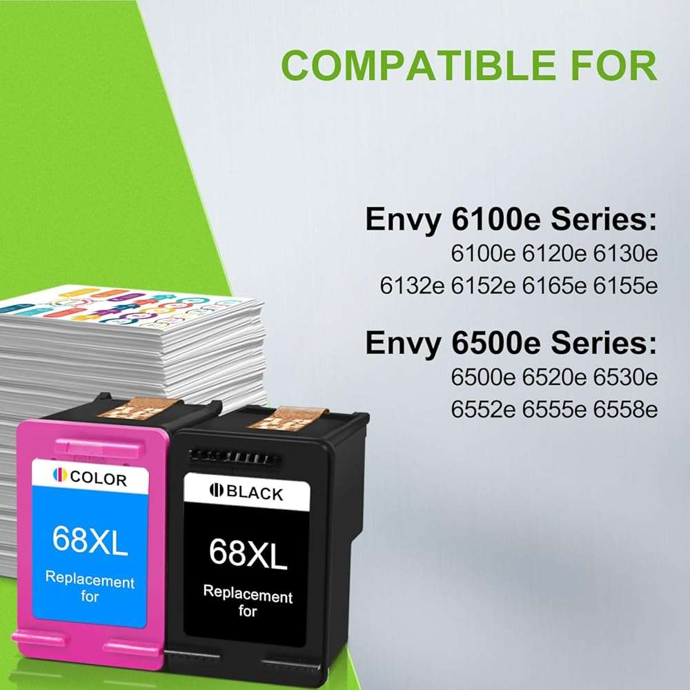 OULADUN 68e Black and Tri-Color Ink Cartridge Replacement for HP 68xl Ink cartridges for Replacement for Envy 6155e 6500e 6552e 6555e 6558e 6100e 6152e Printer 6520e 6530e 6165e 6110e 6120e(2-Packs) - Image 2