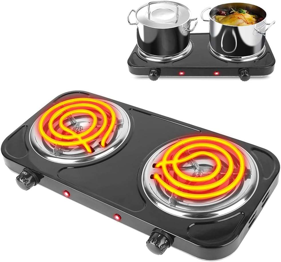 TeqHome Hot Plate, 2000W Portable Electric Stove for Cooking with 5 Levels Adjustable Temperature & Dual Control,Countertop Double Coil Burner Cast Iron Cooktop for All Cookwares Home Camp RV (Black) - Image 1