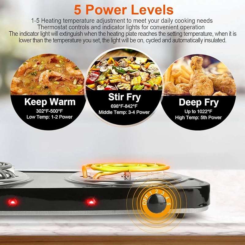 TeqHome Hot Plate, 2000W Portable Electric Stove for Cooking with 5 Levels Adjustable Temperature & Dual Control,Countertop Double Coil Burner Cast Iron Cooktop for All Cookwares Home Camp RV (Black) - Image 4