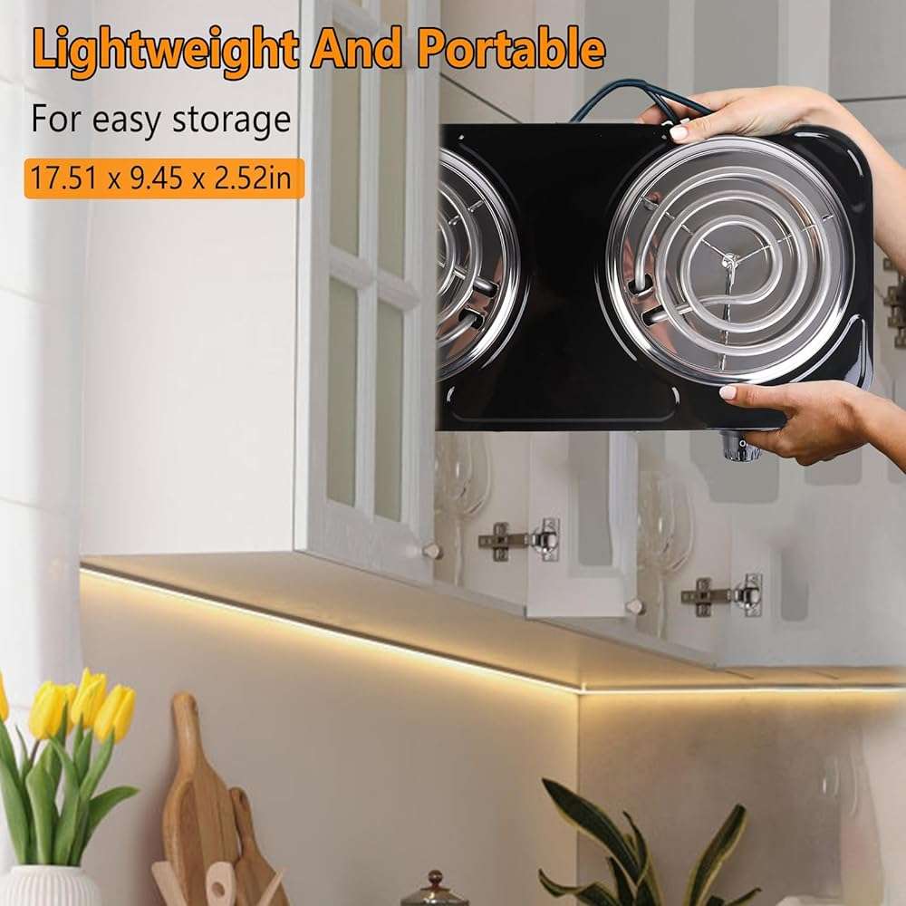 TeqHome Hot Plate, 2000W Portable Electric Stove for Cooking with 5 Levels Adjustable Temperature & Dual Control,Countertop Double Coil Burner Cast Iron Cooktop for All Cookwares Home Camp RV (Black) - Image 9