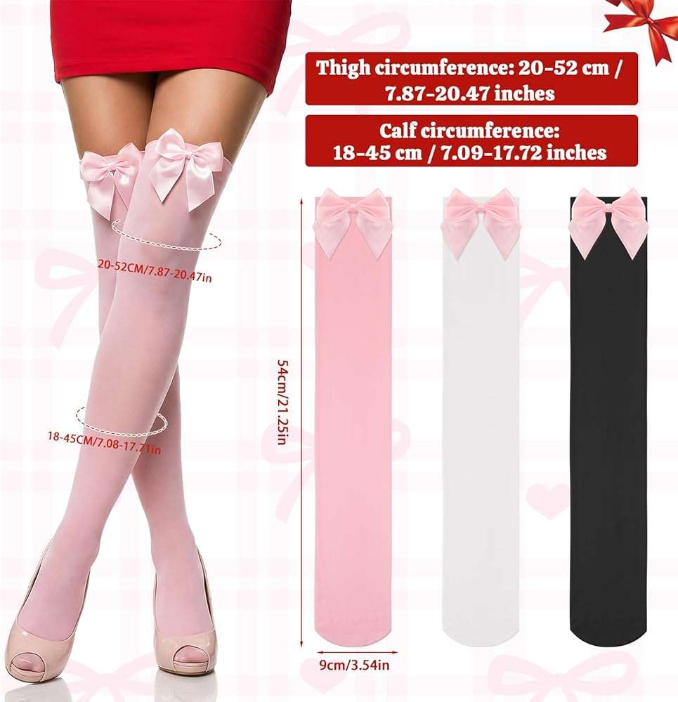 scenicamp 3 Pairs Women Satin Bow Thigh Highs Stockings Lolita Over Knee High Long Socks with Cute Bow - Image 2