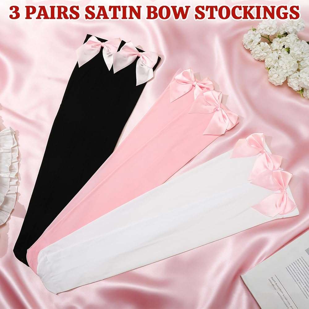 scenicamp 3 Pairs Women Satin Bow Thigh Highs Stockings Lolita Over Knee High Long Socks with Cute Bow - Image 5