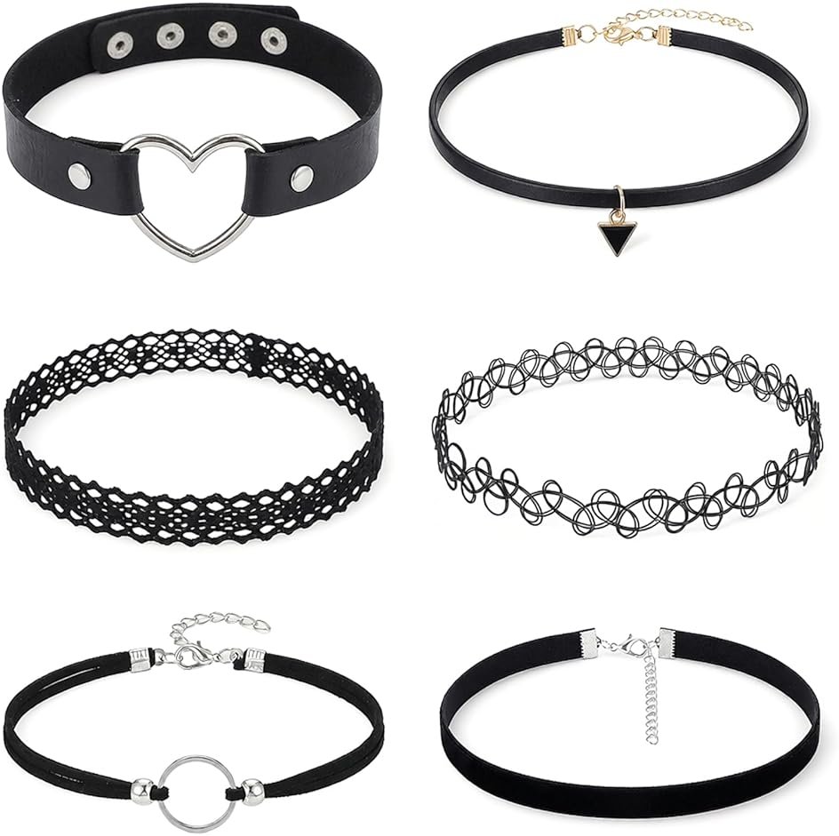 QFGasre Gothic Choker Necklace for Women Black Choker Necklace Lace Chokers 90s Outfits for Women Classic Gothic Lace Chokers Accessories Set Gifts 6Pcs - Product Image