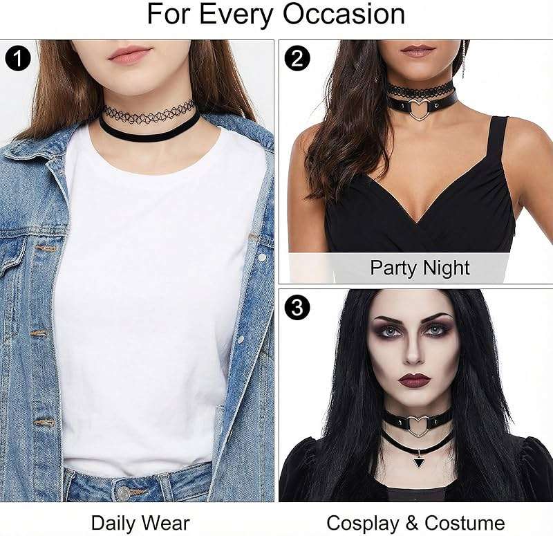 QFGasre Gothic Choker Necklace for Women Black Choker Necklace Lace Chokers 90s Outfits for Women Classic Gothic Lace Chokers Accessories Set Gifts 6Pcs - Image 6