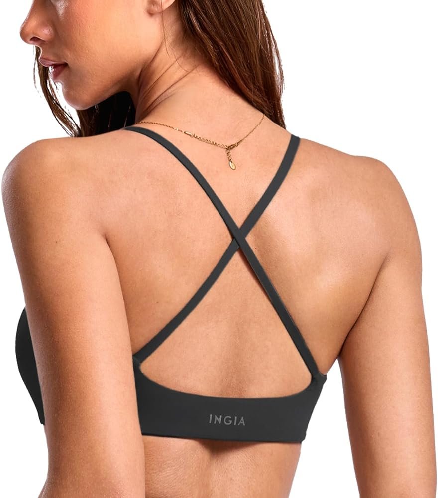INGIA Women's Low Scoop Neck Sports Bra Spaghetti Criss Cross Strap Padded Workout Yoga Bra Crop Top - Product Image
