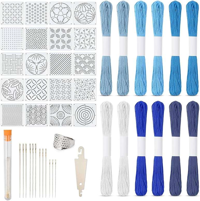 46 Pcs Sashiko Thread Kit - Skeins Blue Sashiko Thread,Sashiko Needles,Sashiko Patterns,Embroidery Projects for Sewing Hand Quilting Mending Supplies - Image 1