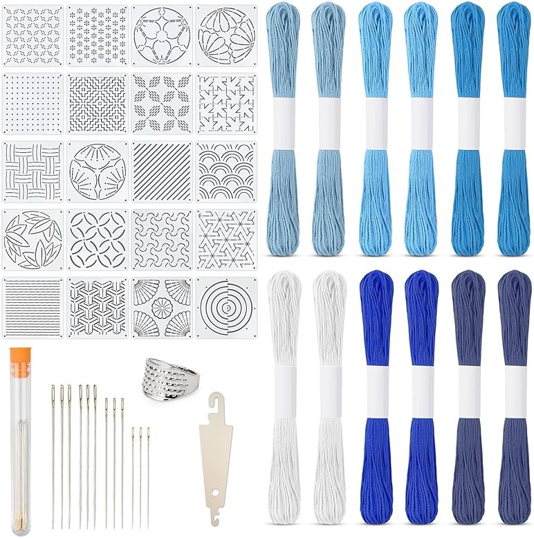 46 Pcs Sashiko Thread Kit - Skeins Blue Sashiko Thread,Sashiko Needles,Sashiko Patterns,Embroidery Projects for Sewing Hand Quilting Mending Supplies - Product Image