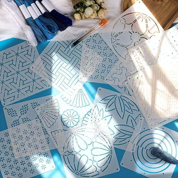 46 Pcs Sashiko Thread Kit - Skeins Blue Sashiko Thread,Sashiko Needles,Sashiko Patterns,Embroidery Projects for Sewing Hand Quilting Mending Supplies - Image 2