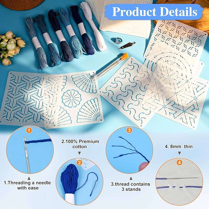 46 Pcs Sashiko Thread Kit - Skeins Blue Sashiko Thread,Sashiko Needles,Sashiko Patterns,Embroidery Projects for Sewing Hand Quilting Mending Supplies - Image 5