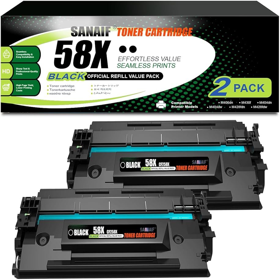 58X Black Toner Cartridges Extra-Large Capacity (2-Pack) Replacement for hp 58X CF258X Work with LaserJ Enterprise M406dn MFP M430f Pro M404dn M404dw MFP M428dw M428fdn Printers|CF258X - Product Image