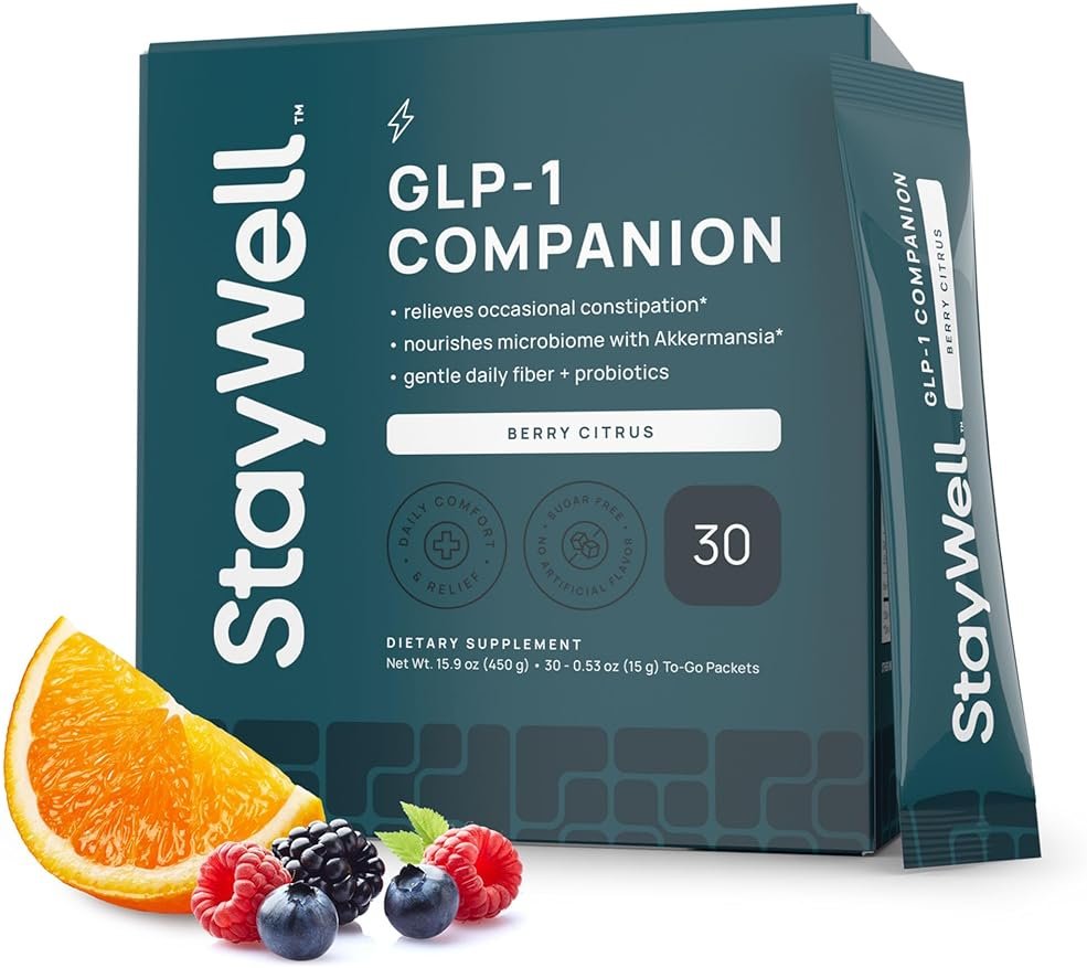 GLP-1 Constipation Support | Digestive, Gut Discomfort GLP Symptom Relief | Akkermansia, Probiotic, Prebiotic Microbiome Support for Digestive Balance, Regularity & Bloating Relief - Berry Citrus 30ct - Product Image