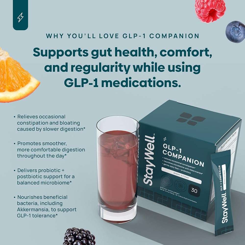 GLP-1 Constipation Support | Digestive, Gut Discomfort GLP Symptom Relief | Akkermansia, Probiotic, Prebiotic Microbiome Support for Digestive Balance, Regularity & Bloating Relief - Berry Citrus 30ct - Image 2