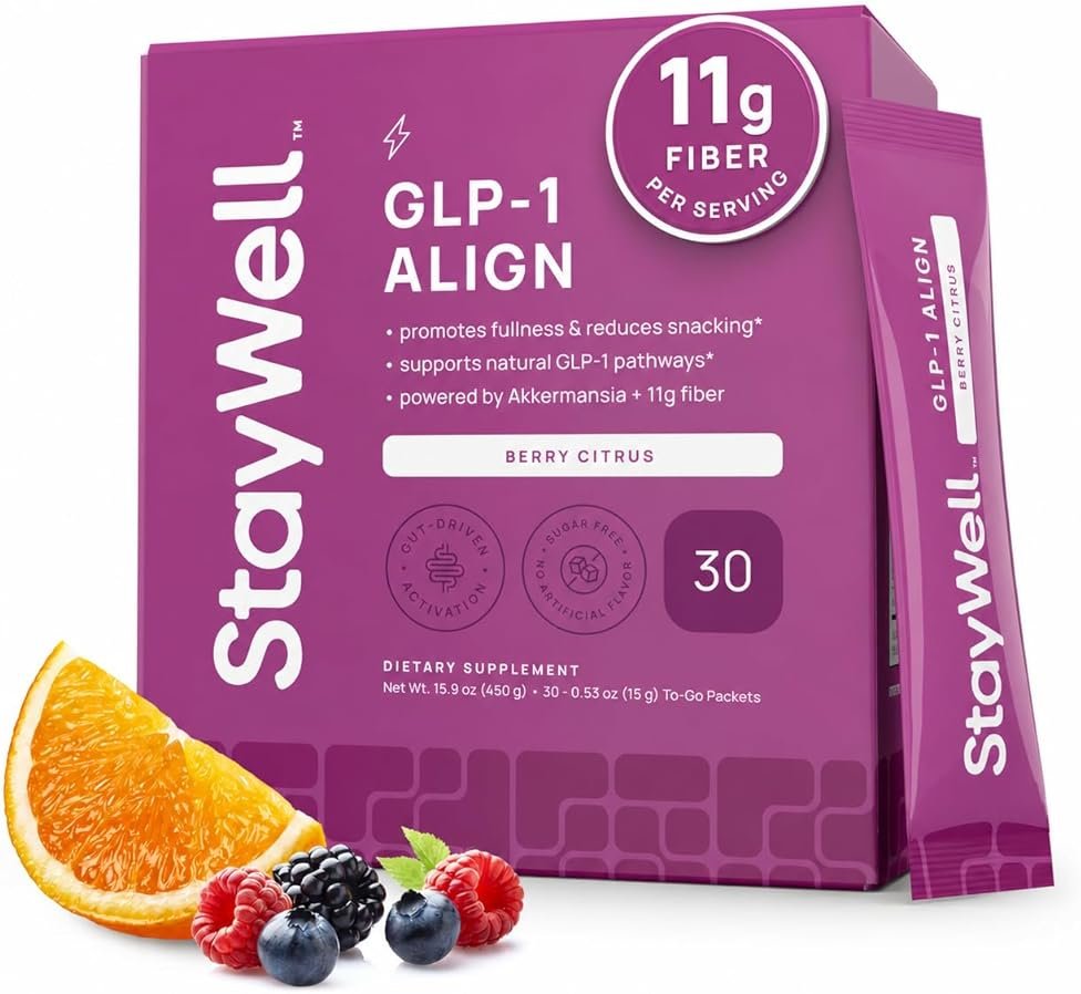 Stay-Well Naturals GLP-1 Probiotic | Akkermansia GLP-1 Supplement, Fiber GLP 1 Booster | Probiotic and Fiber Support with Inulin, Psyllium PHGG, and Soothing Ginger Extract - Berry Citrus 30 Ct. - Product Image
