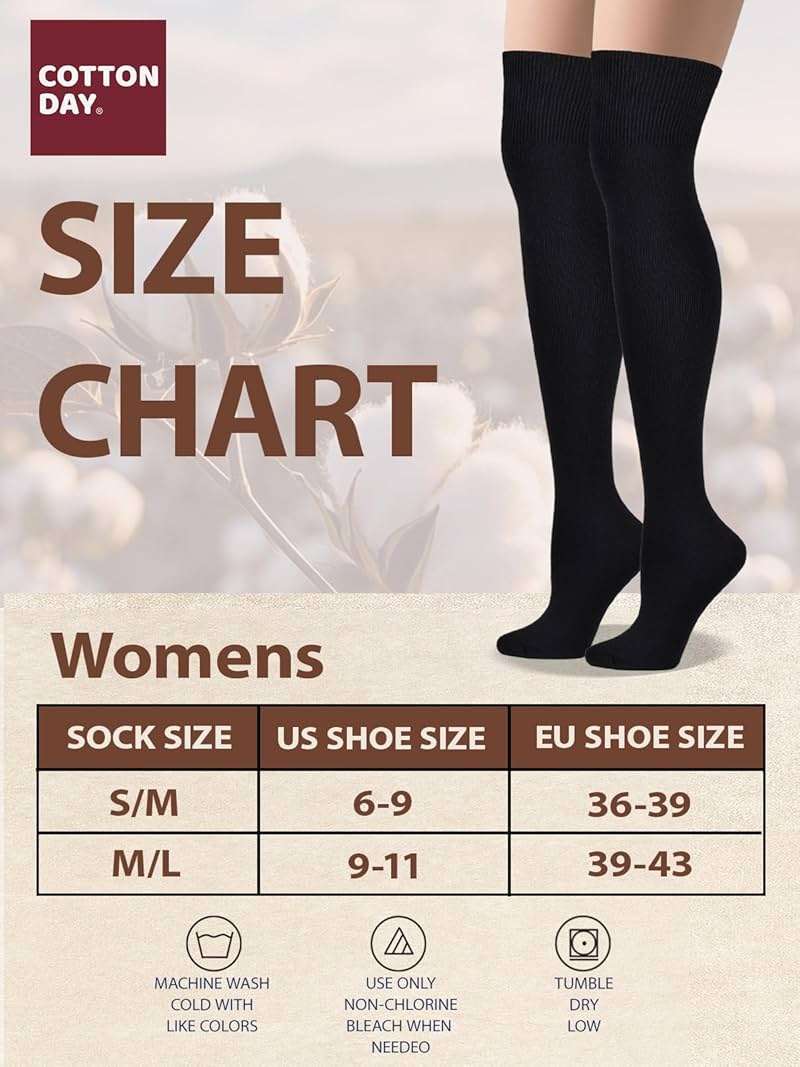 COTTON DAY Women's Cotton Thigh High Over Knee Socks Extra Long Boot Stockings Leg Warmers Black White Burgundy - Image 6