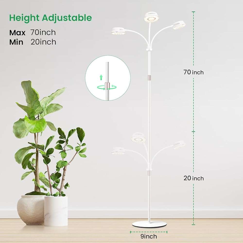 LORDEM Full Spectrum Plant Light for Indoor Growing,Tri-Head Grow Light with Stand for Large Plants,Auto ON/Off Timer 6/8/12/16H, 5 Dimmable Levels, 20-70 inches Adjustable Height - Image 2