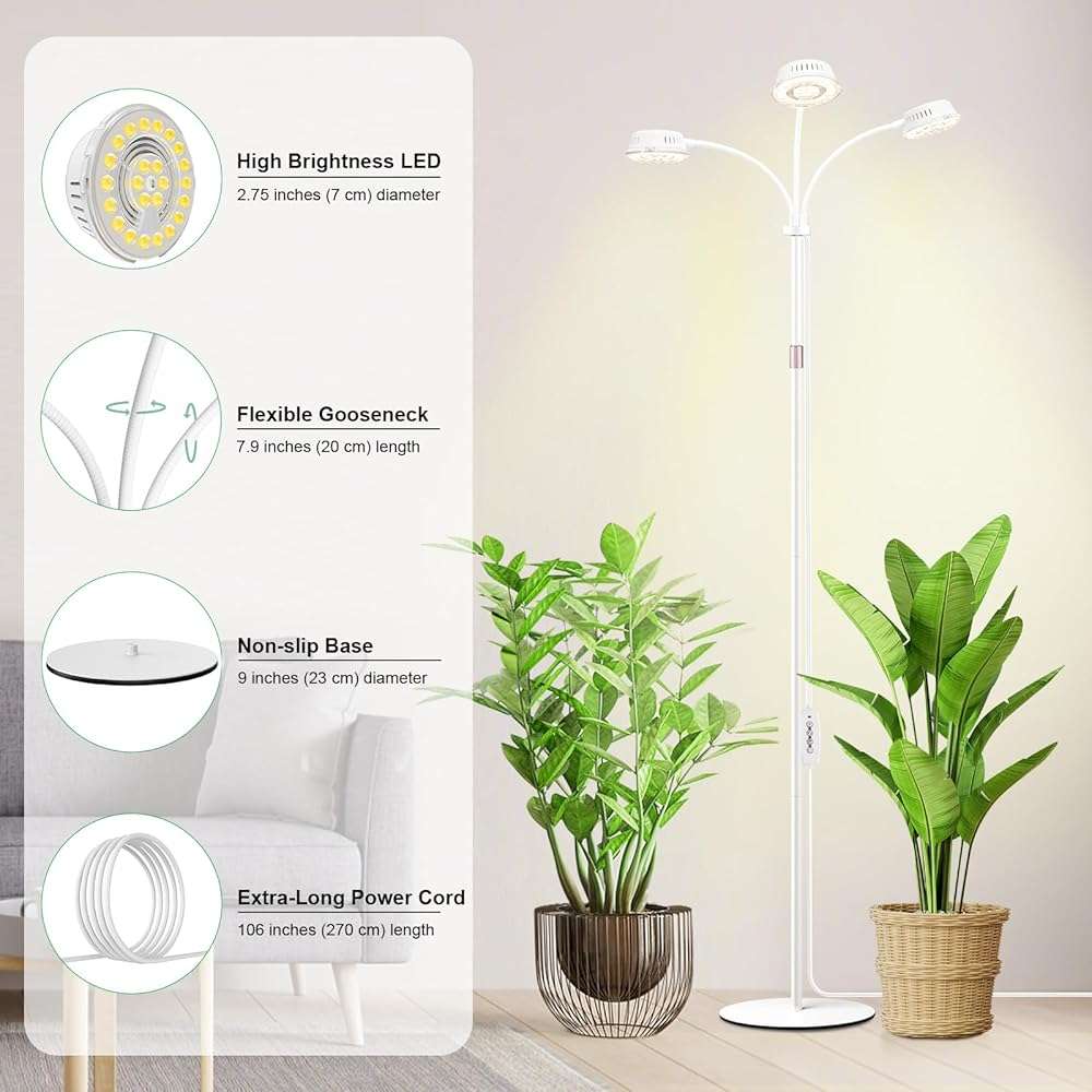 LORDEM Full Spectrum Plant Light for Indoor Growing,Tri-Head Grow Light with Stand for Large Plants,Auto ON/Off Timer 6/8/12/16H, 5 Dimmable Levels, 20-70 inches Adjustable Height - Image 4