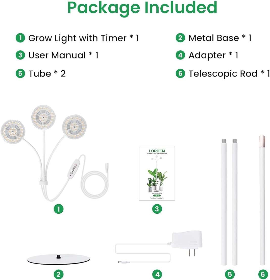 LORDEM Full Spectrum Plant Light for Indoor Growing,Tri-Head Grow Light with Stand for Large Plants,Auto ON/Off Timer 6/8/12/16H, 5 Dimmable Levels, 20-70 inches Adjustable Height - Image 7