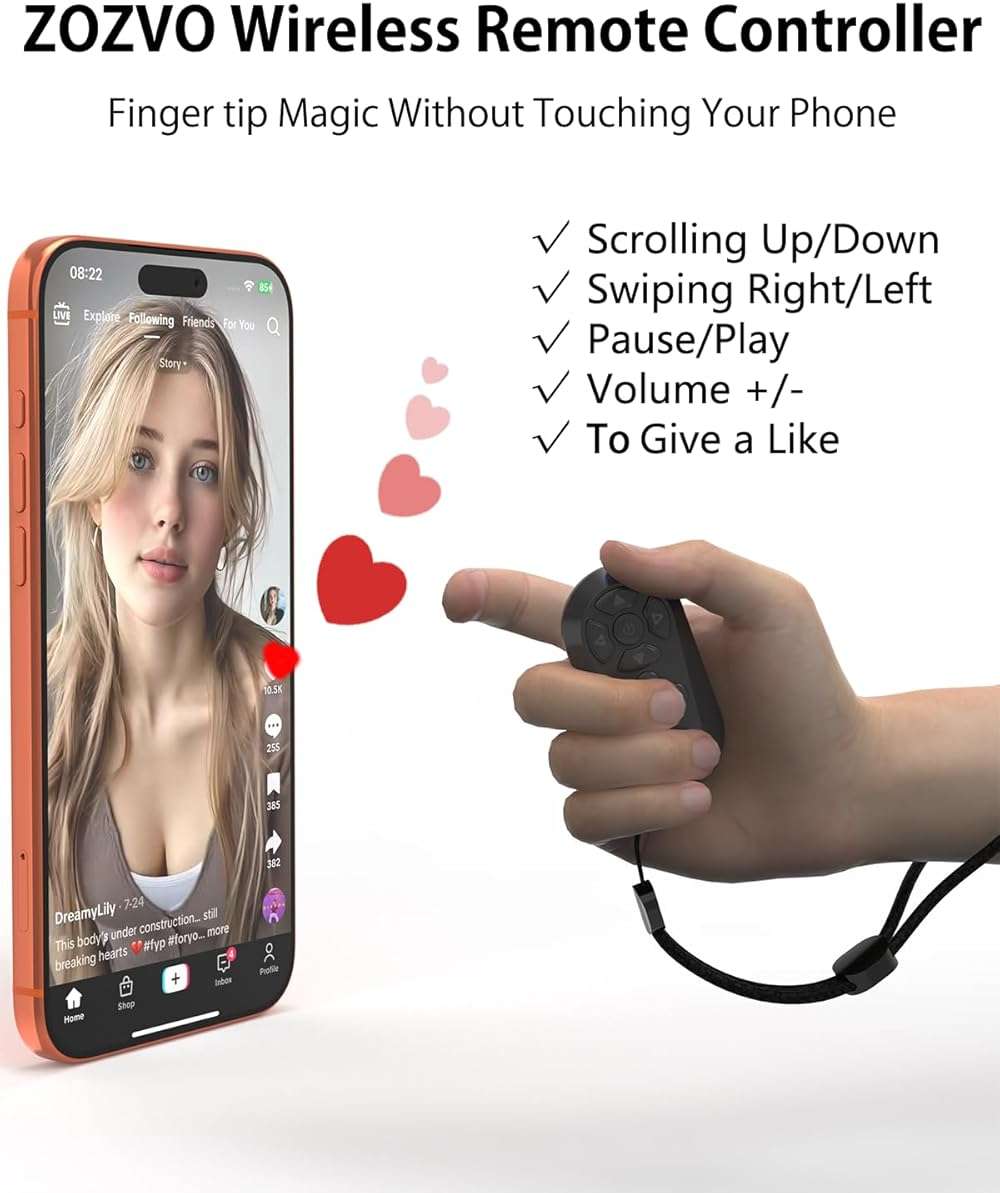 ZOZVO Wireless Remote Controller for iOS/Android Bluetooth Remote Control for TikTok Scrolling/Camera/Video Recording/Kindle App (Black) - Image 2