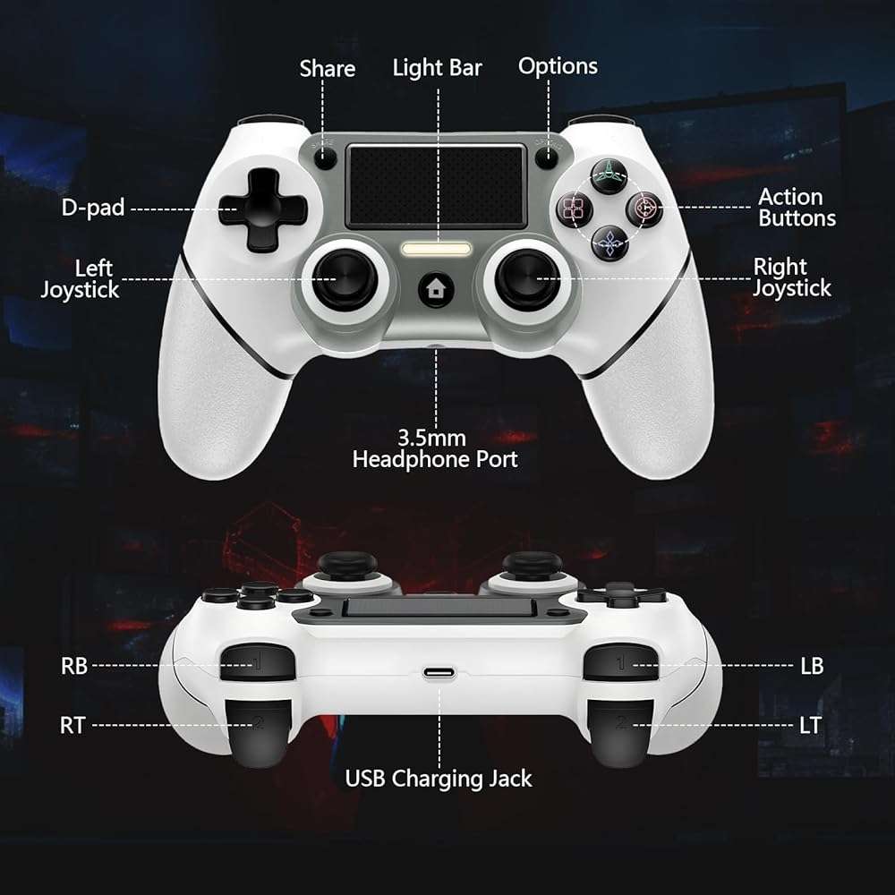 Wireless Controller Compatible with PS4/Pro/Slim, Black ps4 controller with Dual Vibration, 1000mAh Battery, 6-Axis Motion Sensor, Built-in Speaker & 3.5mm Headphone Jack, Charging Cable (White) - Image 2
