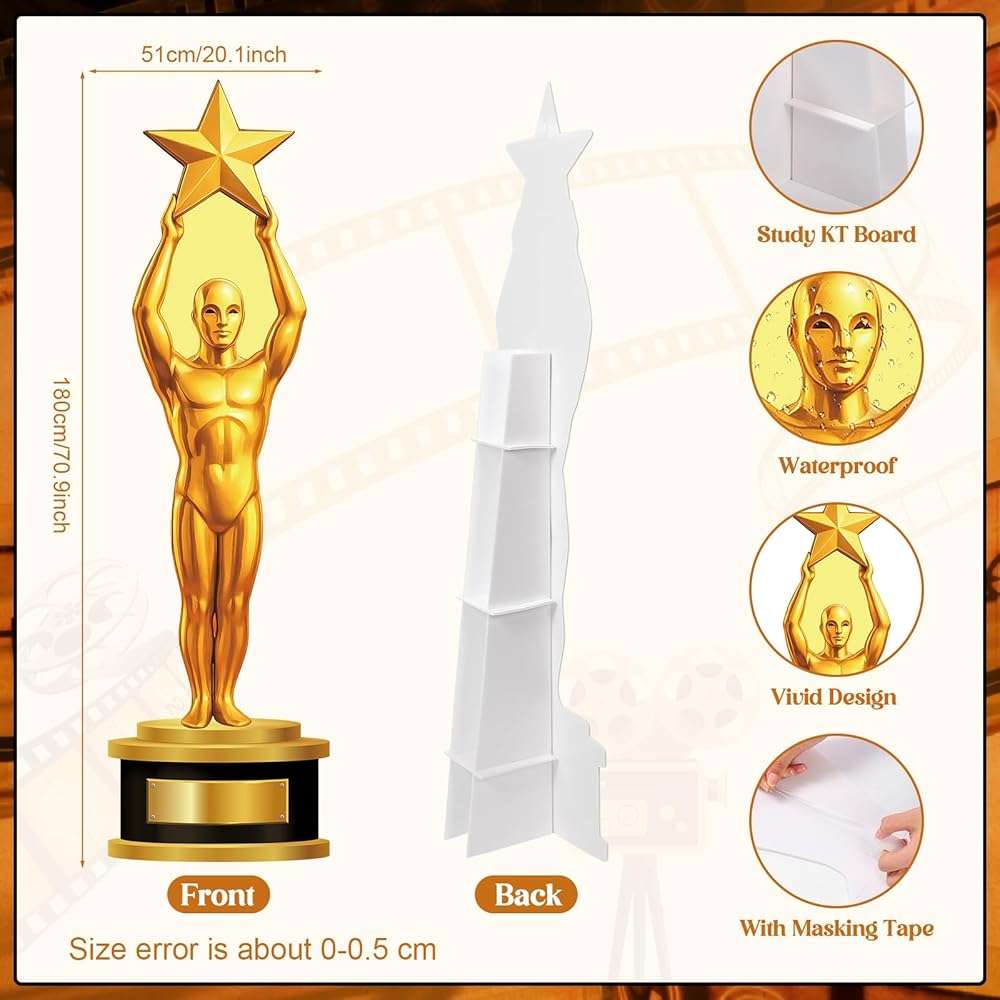 Capoda 1 Pcs 5.9 Ft Trophy Award Stand up Cardboard Cutout Gold Star Award Status Photo Props Life Size Movie Themed Party Decorations for Red Carpet Film Events Birthday Party Decoration Supplies - Image 3