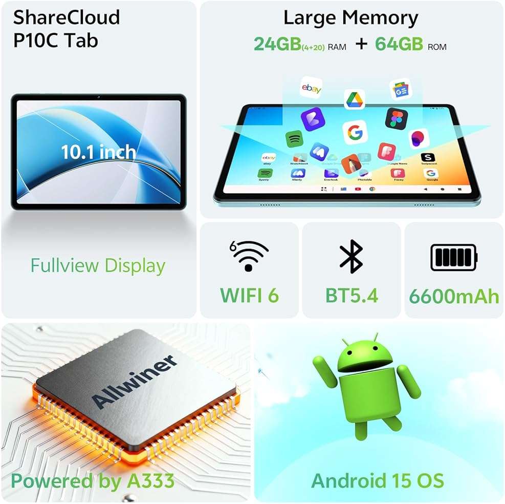 SHARECLOUD Tablet 10.1 inch, Android 15 Tablet with Case, 24GB RAM + 64GB ROM 1 TB Expandable, 1280x800 HD IPS Touch Screen, 8H Battery, WiFi 6, BT 5.4, Dual Camera (Gray) - Image 2