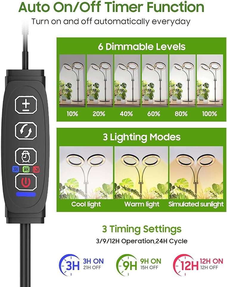 Tmsluody Grow Lights for Indoor Plants Full Spectrum, LED Plant Light with Metal Base, Plant Growing Lamps with Timer 3/9/12H, 3 Color Modes, 6 Brightness Levels, 23-30'' Adjustable Height - Image 4