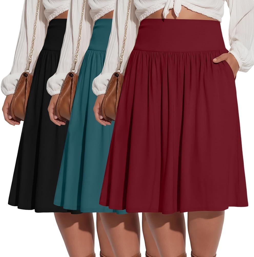 Riyiper 3 Pack Plus Size Knee Length Skirts for Curvy Women Pockets Flared High Waist Midi Pleated Flowy A Line Summer Skirts - Product Image