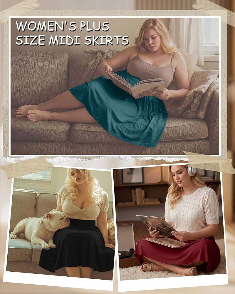 Riyiper 3 Pack Plus Size Knee Length Skirts for Curvy Women Pockets Flared High Waist Midi Pleated Flowy A Line Summer Skirts - Image 3