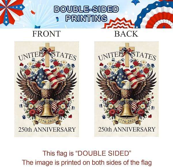 Baccessor 250 Years USA Garden Flag 12.5 x 18 Inch, Double Sided Burlap 250th Anniversary Patriotic Banner Small Yard Flag for Porch Patio Holiday Outdoor Outside 1776-2026 Commemorative Decor - Image 8