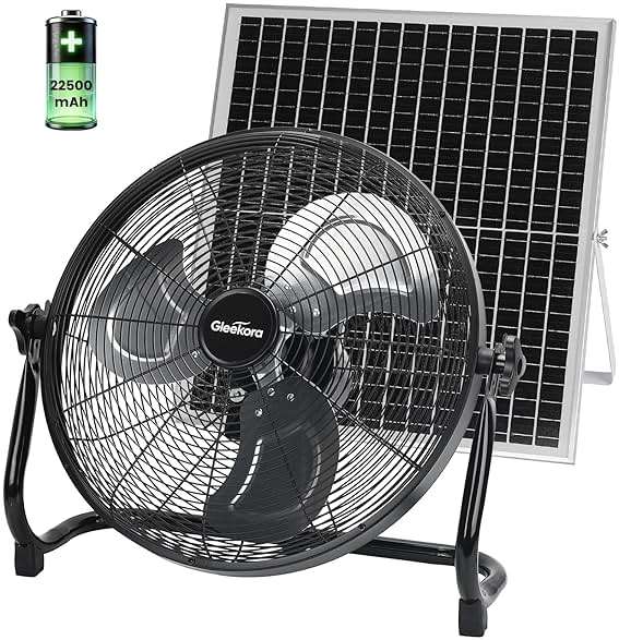 Gleekora 16'' Solar Powered Fan with 35W Solar Panel, Rechargeable Battery Operated Floor Fan with 23FT Cable, Cordless Portable Outdoor Fans for Home, Camping, Chicken Coop, Greenhouse, Power Outages - Image 1