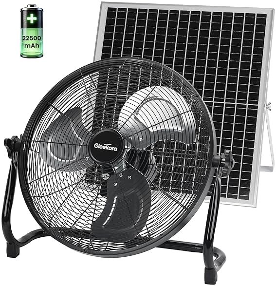 Gleekora 16'' Solar Powered Fan with 35W Solar Panel, Rechargeable Battery Operated Floor Fan with 23FT Cable, Cordless Portable Outdoor Fans for Home, Camping, Chicken Coop, Greenhouse, Power Outages - Product Image