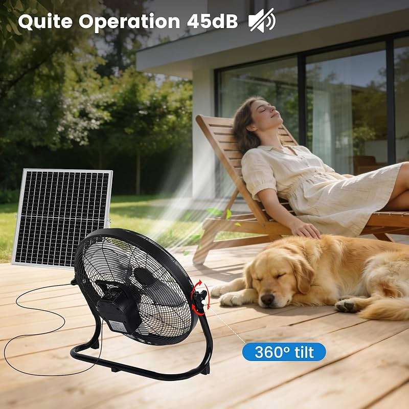 Gleekora 16'' Solar Powered Fan with 35W Solar Panel, Rechargeable Battery Operated Floor Fan with 23FT Cable, Cordless Portable Outdoor Fans for Home, Camping, Chicken Coop, Greenhouse, Power Outages - Image 2