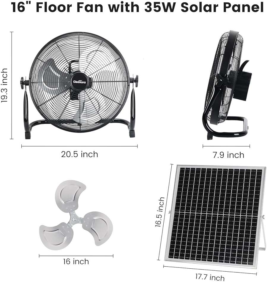 Gleekora 16'' Solar Powered Fan with 35W Solar Panel, Rechargeable Battery Operated Floor Fan with 23FT Cable, Cordless Portable Outdoor Fans for Home, Camping, Chicken Coop, Greenhouse, Power Outages - Image 3