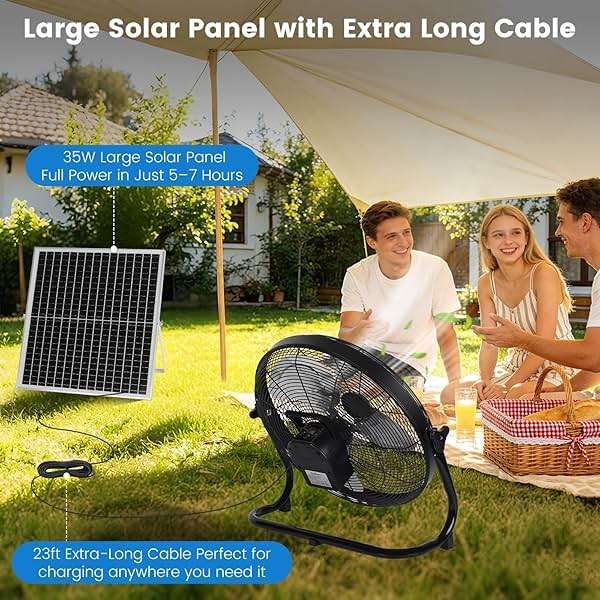Gleekora 16'' Solar Powered Fan with 35W Solar Panel, Rechargeable Battery Operated Floor Fan with 23FT Cable, Cordless Portable Outdoor Fans for Home, Camping, Chicken Coop, Greenhouse, Power Outages - Image 4
