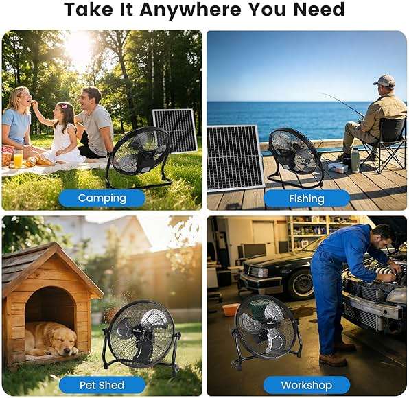 Gleekora 16'' Solar Powered Fan with 35W Solar Panel, Rechargeable Battery Operated Floor Fan with 23FT Cable, Cordless Portable Outdoor Fans for Home, Camping, Chicken Coop, Greenhouse, Power Outages - Image 8
